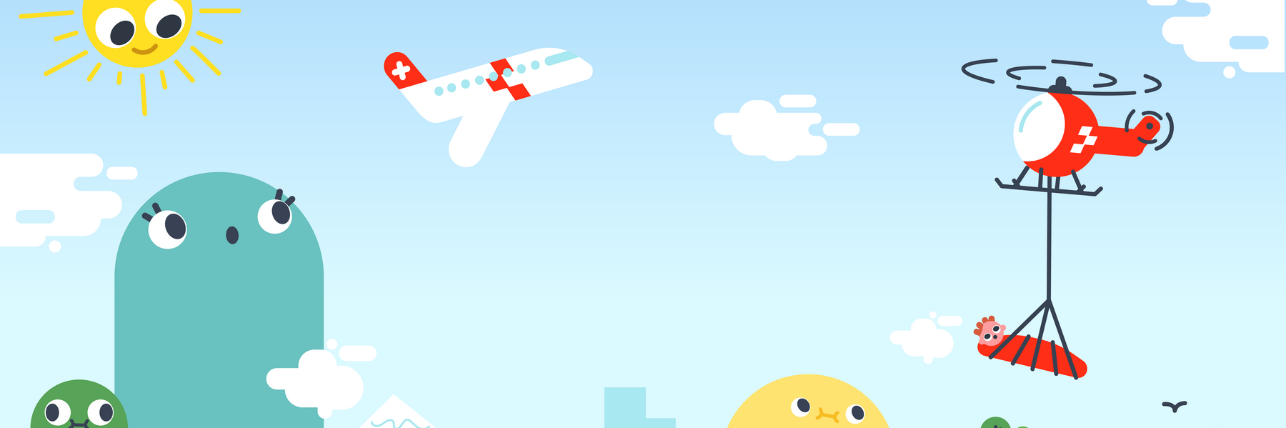 Rega Club Background: drawing with rescue helicopter and ambulance jet.