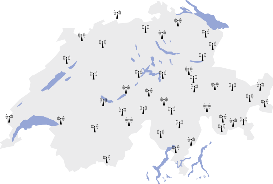 Map of Switzerland with radio masts marked on it.